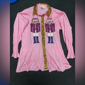 Fantastic Fawn Pink Sequin Nutcracker Midi Dress with Gold Trim